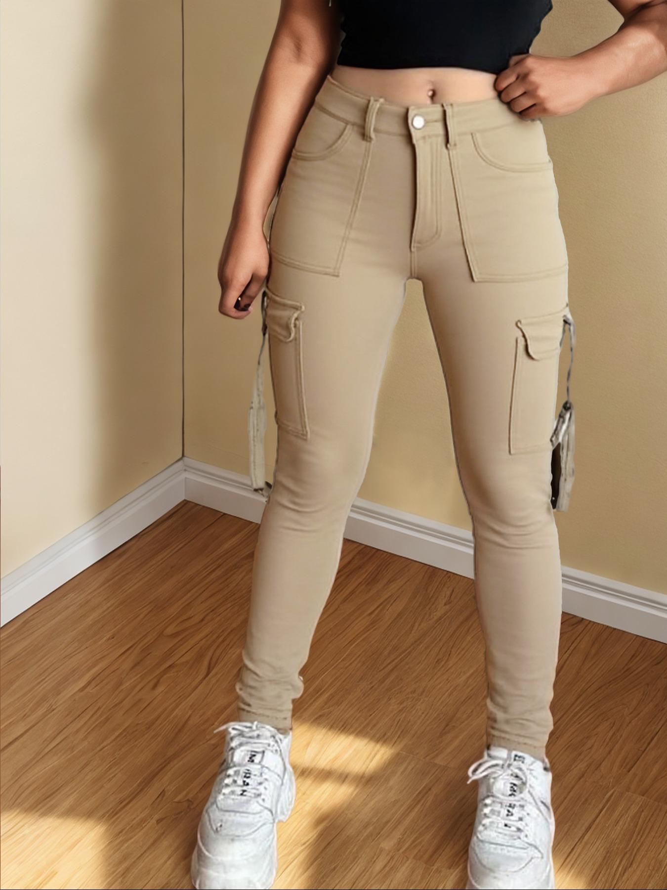 Women's Plain Multi-pocket Denim Elastic Slim Fit Button Cargo Pants