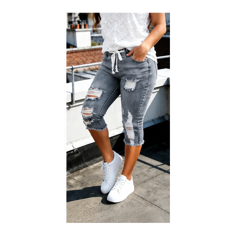 This Week's Special Price💥Women's Plus Size Distressed Ripped High-Waisted Capri Frayed Hem Jeans
