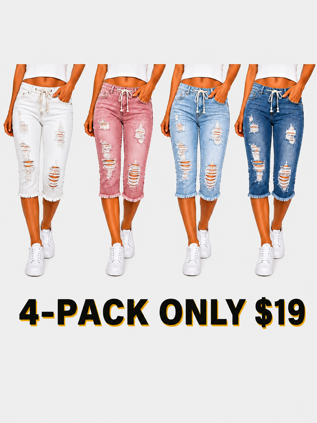 Fashion Distressed Ripped Capri Jeans Plus Size Casual High-Waisted Drawstring Waist Denim Cropped Pants