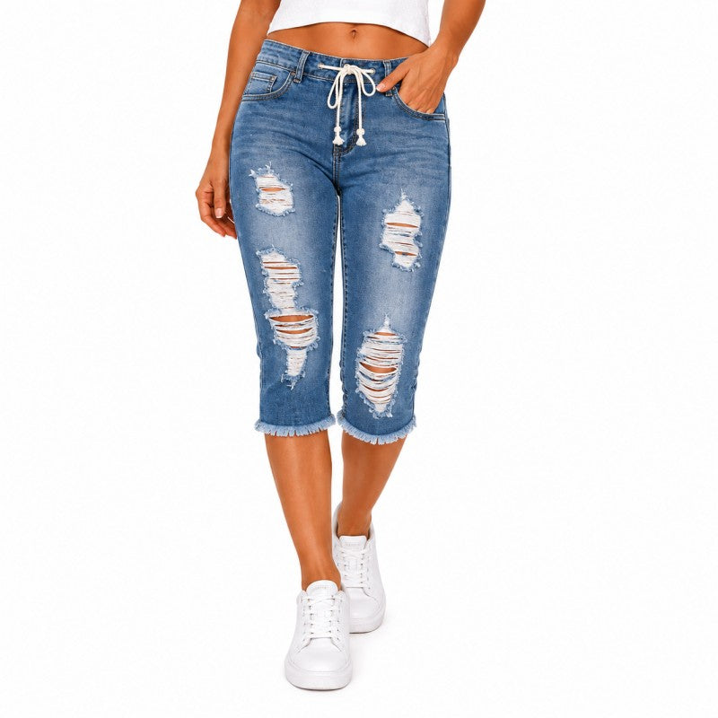 Fashion Distressed Ripped Capri Jeans Plus Size Casual High