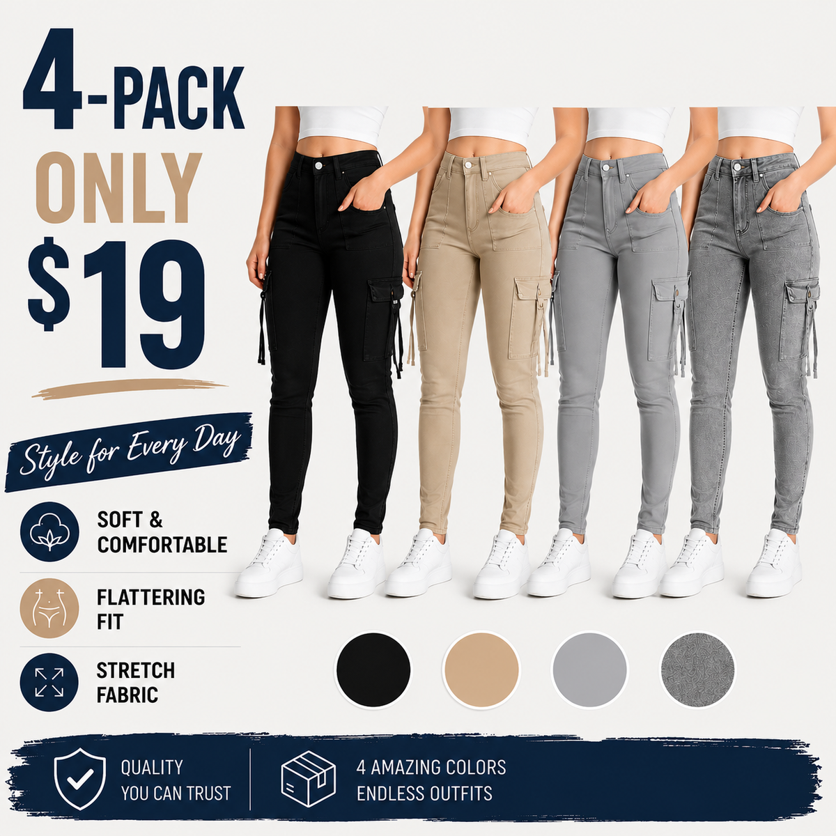 🔥MID YEAR SALE🔥Women's Plain Multi-pocket Denim Elastic Slim Fit Button Cargo Denim Pants