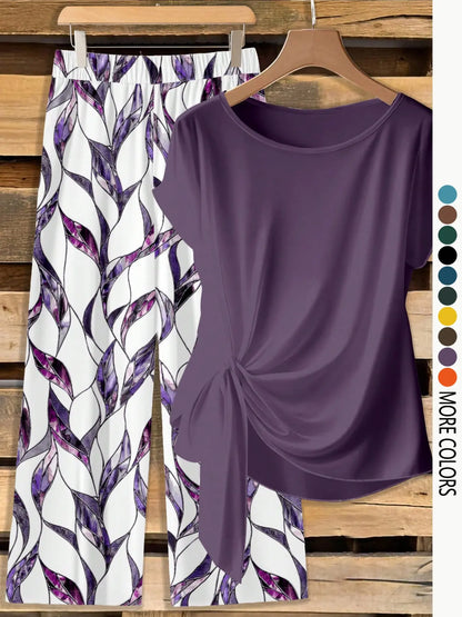 This Week's Special Price💥Women's Casual Printed Necktie Shirt and Loose Straight Pants Set