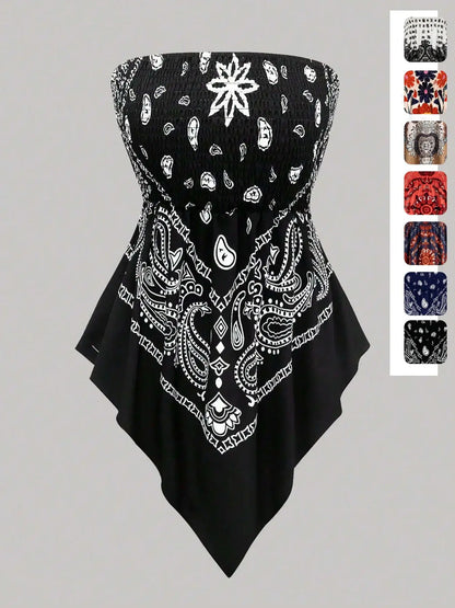 Plus Size Women's Ethnic Print Strapless Top, Bohemian Style Asymmetrical Hem Tube Top, Casual Summer Fashion Top Fit