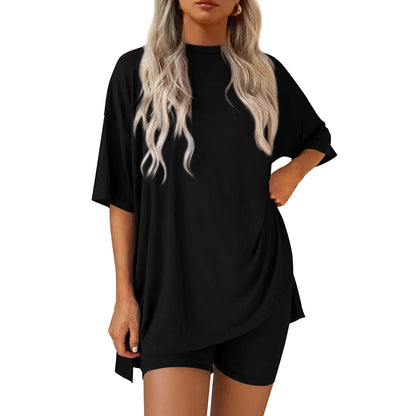 Crewneck Two-Piece Set For Women Summer Casual Oversized Split Hem Shirts & Side Pocket Biker Shorts