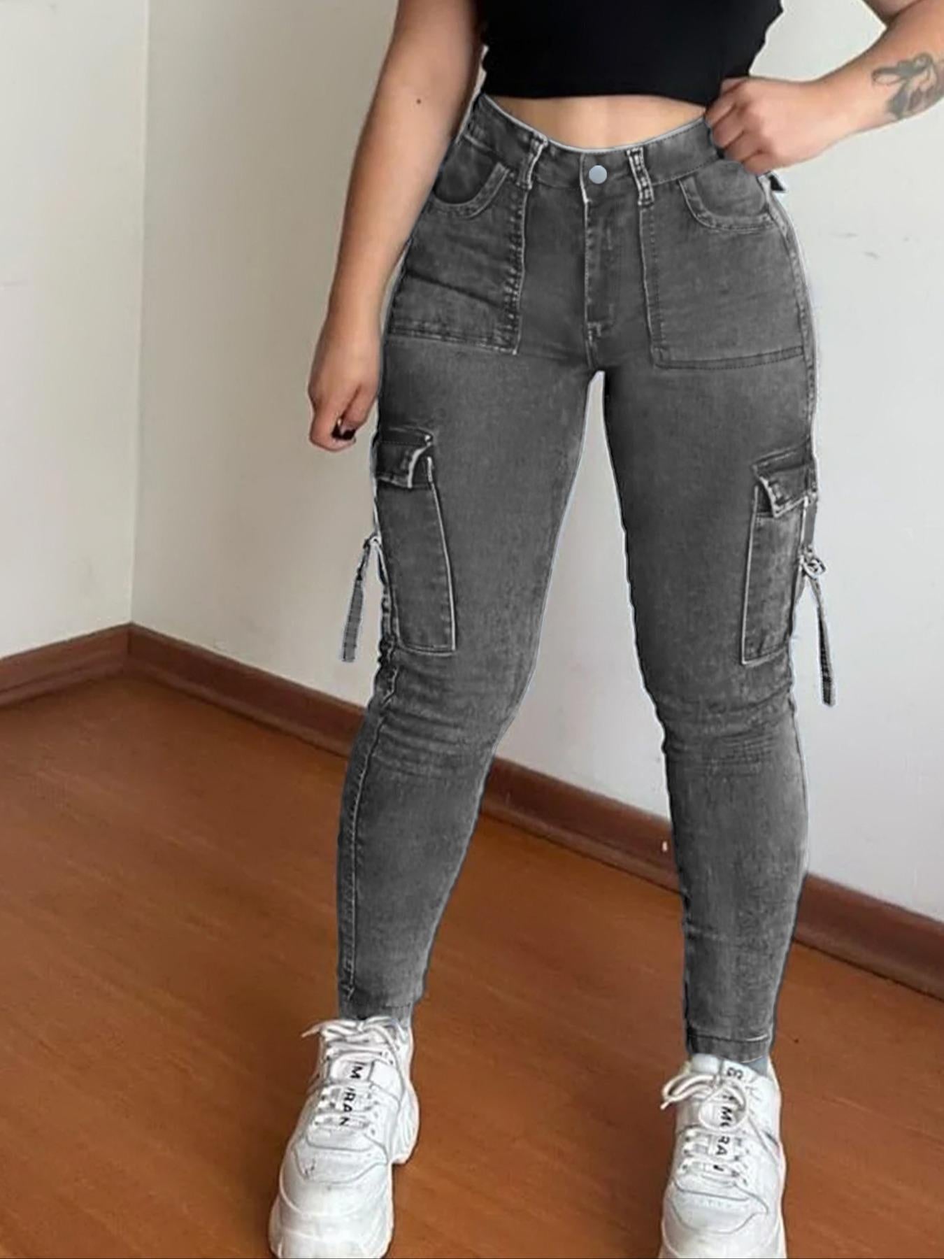 Women's Plain Multi-pocket Denim Elastic Slim Fit Button Cargo Pants