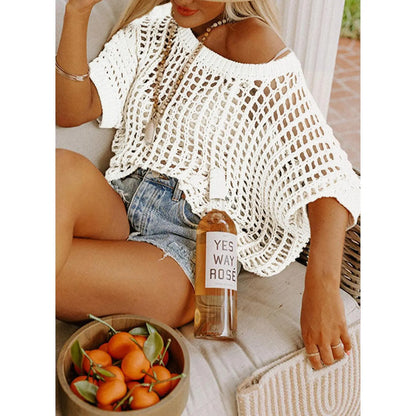 This Week's Special Price💥Short Sleeve Casual Crochet Knit Tops – Lightweight Summer Knit Crop Top
