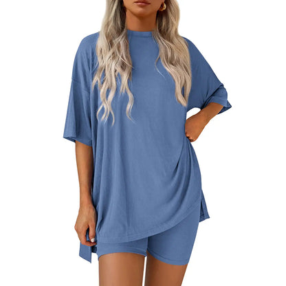 Crewneck Two-Piece Set For Women Summer Casual Oversized Split Hem Shirts & Side Pocket Biker Shorts
