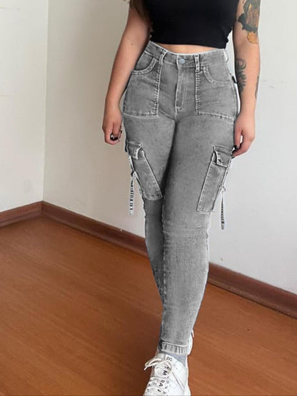 Women's Plain Multi-pocket Denim Elastic Slim Fit Button Cargo Pants