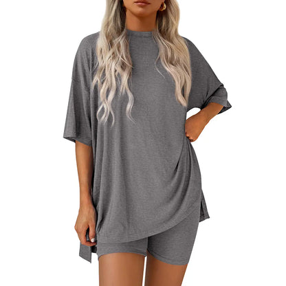 Crewneck Two-Piece Set For Women Summer Casual Oversized Split Hem Shirts & Side Pocket Biker Shorts