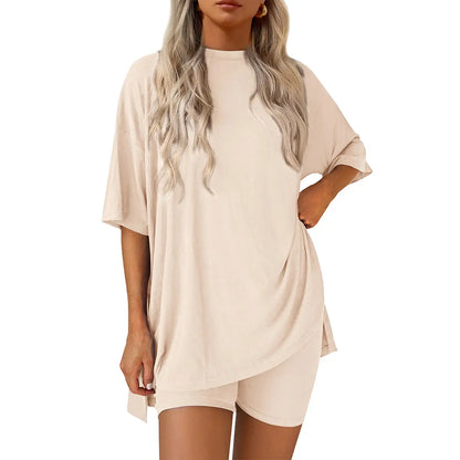 Crewneck Two-Piece Set For Women Summer Casual Oversized Split Hem Shirts & Side Pocket Biker Shorts
