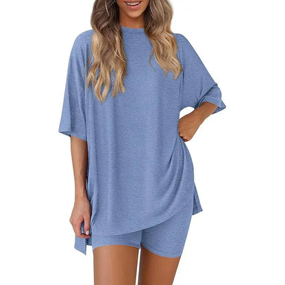 Crewneck Two-Piece Set For Women Summer Casual Oversized Split Hem Shirts & Side Pocket Biker Shorts