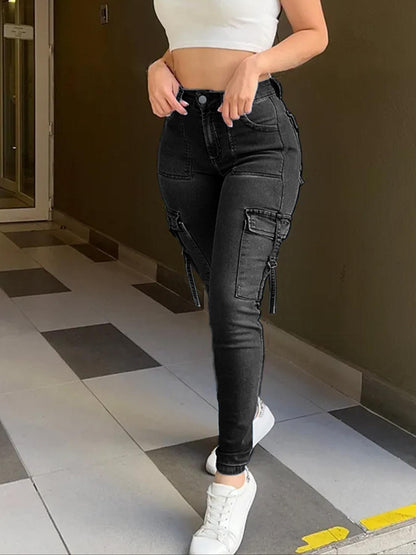 Women's Plain Multi-pocket Denim Elastic Slim Fit Button Cargo Pants