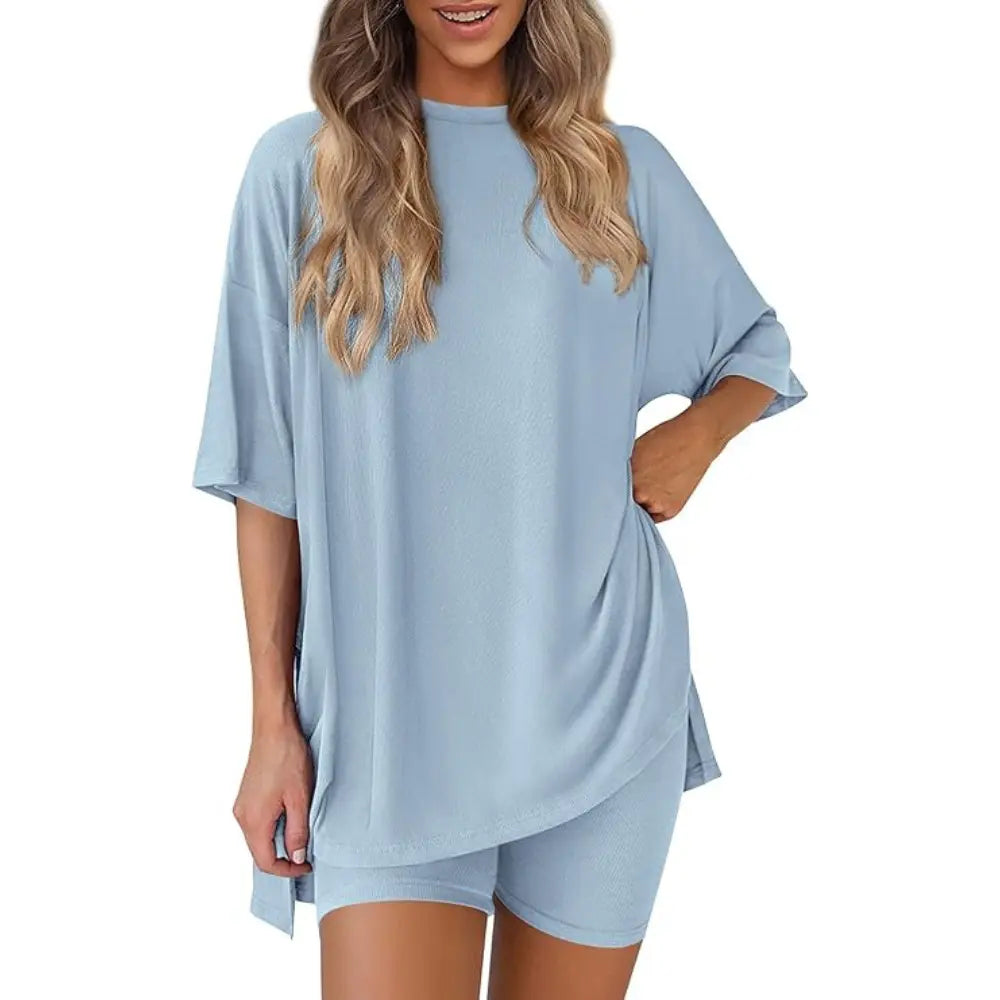 Crewneck Two-Piece Set For Women Summer Casual Oversized Split Hem Shirts & Side Pocket Biker Shorts