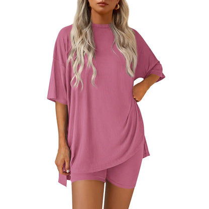 Crewneck Two-Piece Set For Women Summer Casual Oversized Split Hem Shirts & Side Pocket Biker Shorts