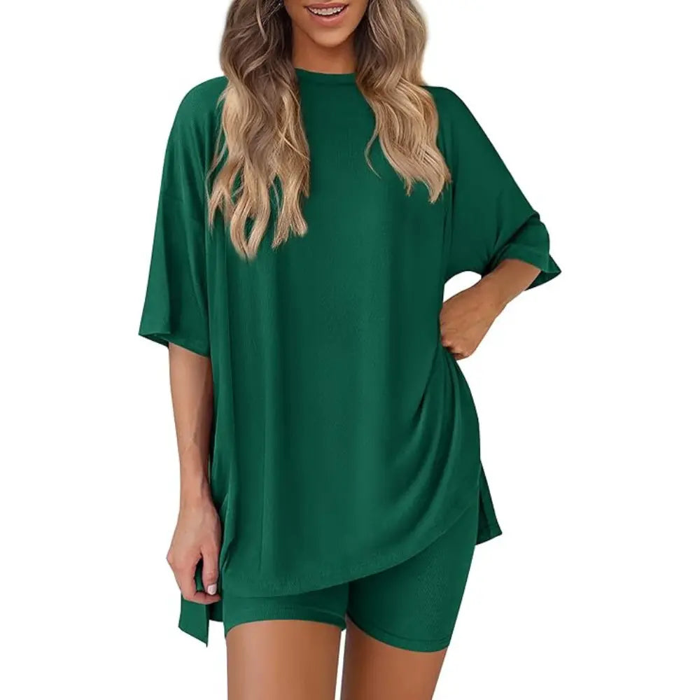 Crewneck Two-Piece Set For Women Summer Casual Oversized Split Hem Shirts & Side Pocket Biker Shorts