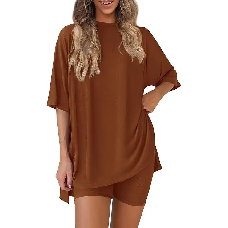 Crewneck Two-Piece Set For Women Summer Casual Oversized Split Hem Shirts & Side Pocket Biker Shorts