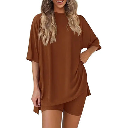 Crewneck Two-Piece Set For Women Summer Casual Oversized Split Hem Shirts & Side Pocket Biker Shorts