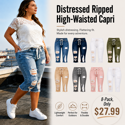 This Week's Special Price💥Women's Plus Size Distressed Ripped High-Waisted Capri Frayed Hem Jeans