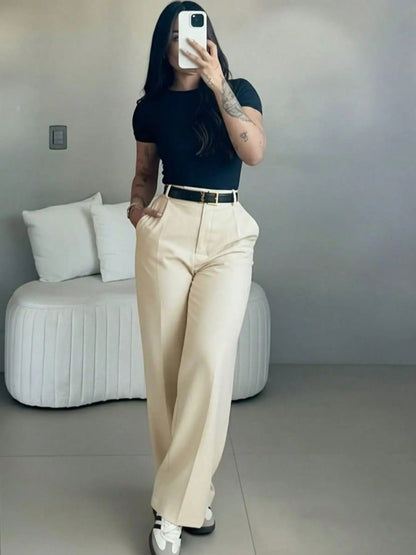 Women's High Waisted Straight Leg Suit Pants Flowy Drape Casual Office Long Trousers with Slimming Effect for Daily Versatile Wear