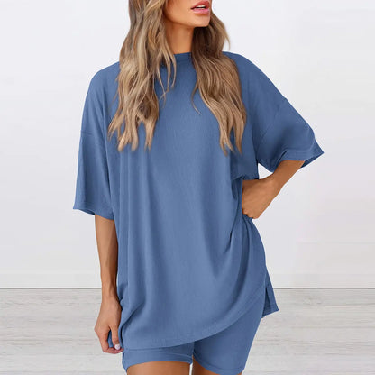 Crewneck Two-Piece Set For Women Summer Casual Oversized Split Hem Shirts & Side Pocket Biker Shorts