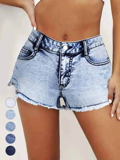 Women's Ripped Slash Pockets Denim Shorts Casual Trendy Fitted Raw Hem Jean Shorts for Daily Wear Ladies Summer Bottoms