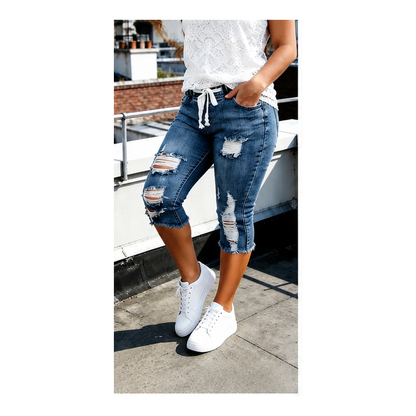 This Week's Special Price💥Women's Plus Size Distressed Ripped High-Waisted Capri Frayed Hem Jeans