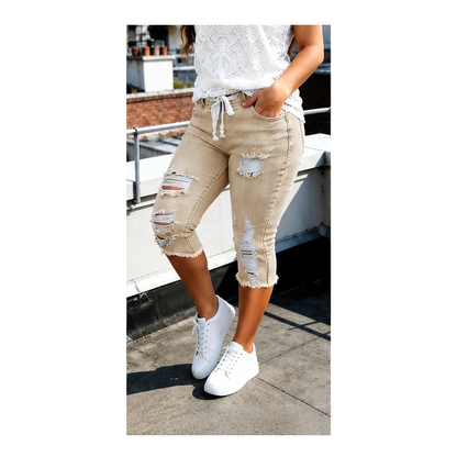 This Week's Special Price💥Women's Plus Size Distressed Ripped High-Waisted Capri Frayed Hem Jeans
