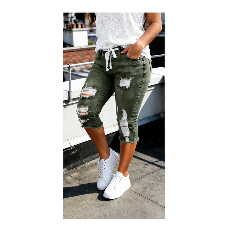 This Week's Special Price💥Women's Plus Size Distressed Ripped High-Waisted Capri Frayed Hem Jeans
