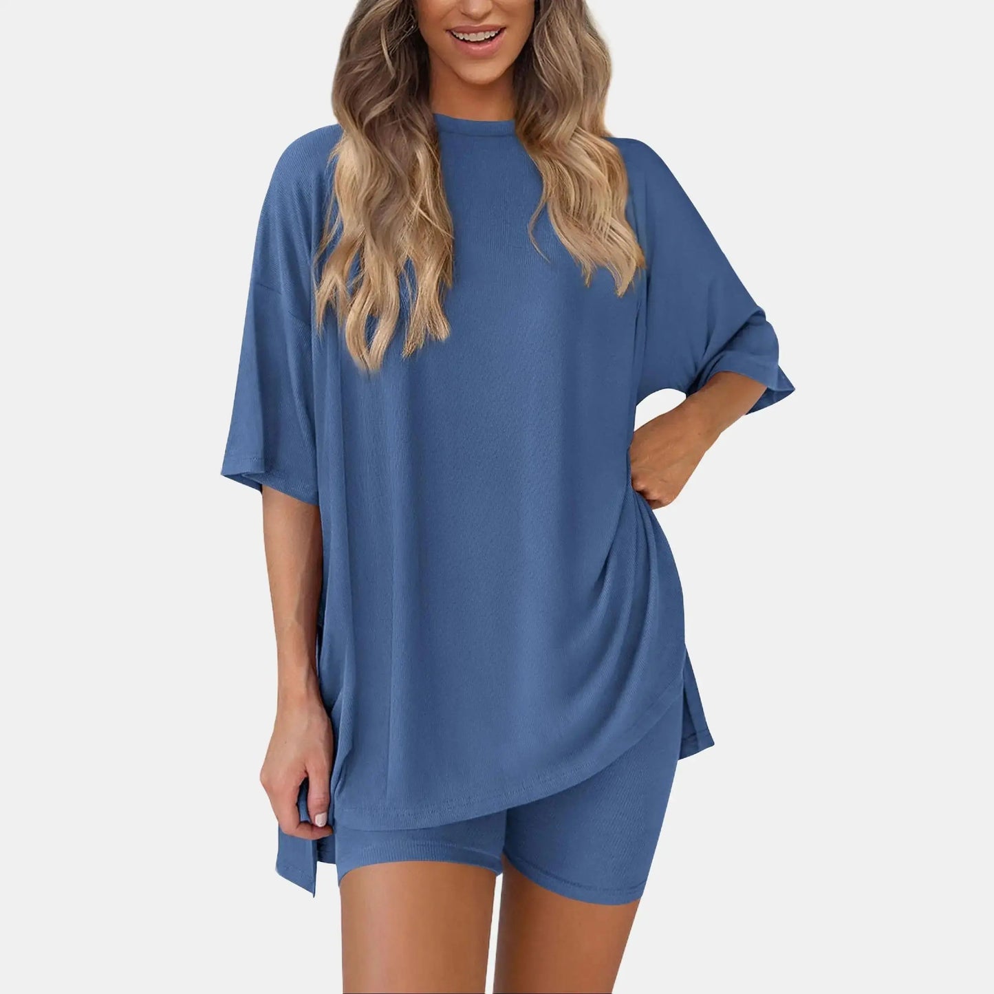 Crewneck Two-Piece Set For Women Summer Casual Oversized Split Hem Shirts & Side Pocket Biker Shorts