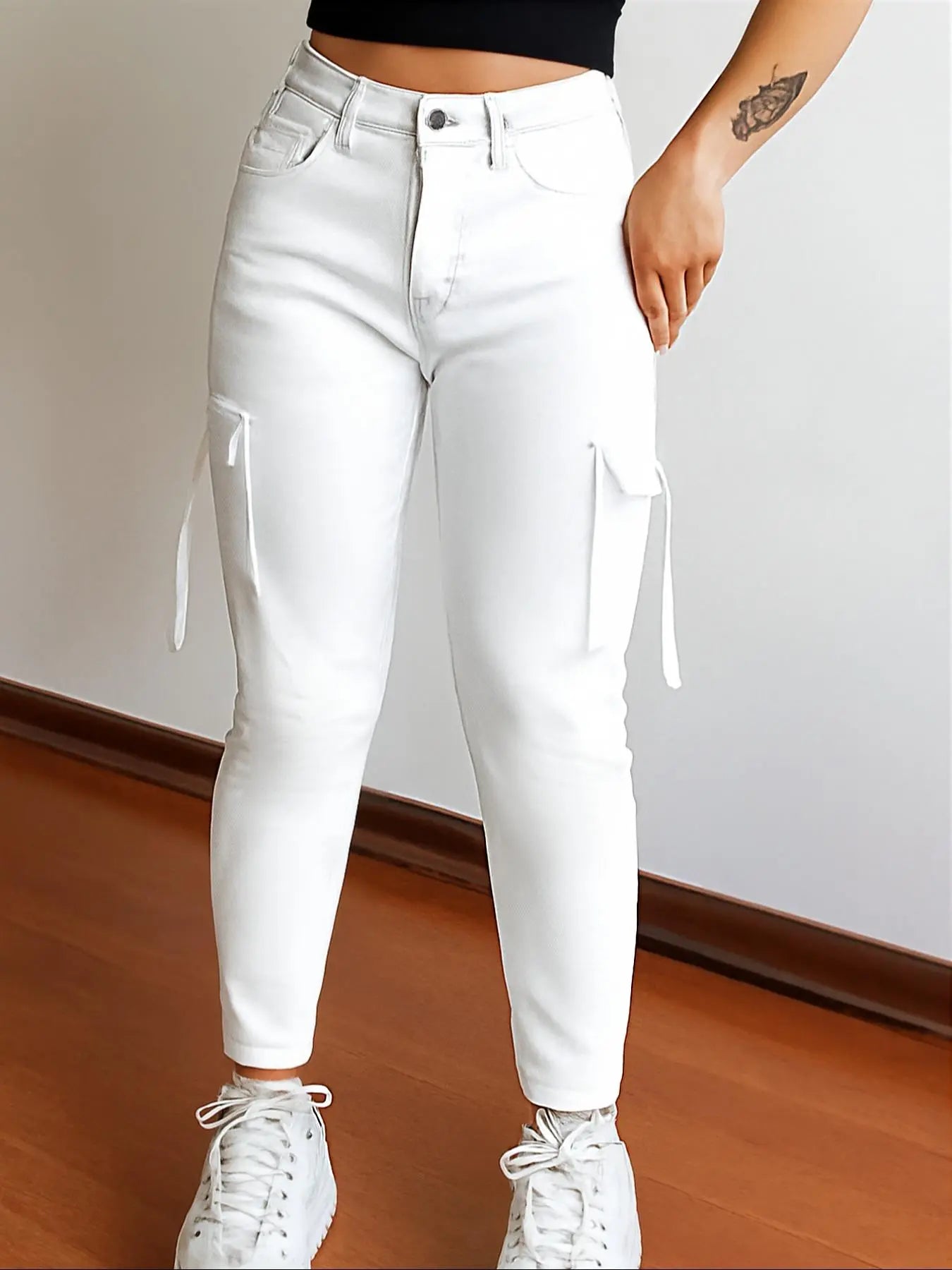 Women's Plain Multi-pocket Denim Elastic Slim Fit Button Cargo Pants