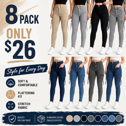 🔥MID YEAR SALE🔥Women's Plain Multi-pocket Denim Elastic Slim Fit Button Cargo Denim Pants