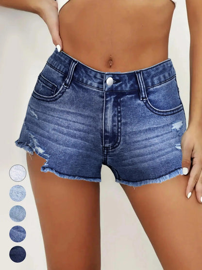 Women's Ripped Slash Pockets Denim Shorts Casual Trendy Fitted Raw Hem Jean Shorts for Daily Wear Ladies Summer Bottoms