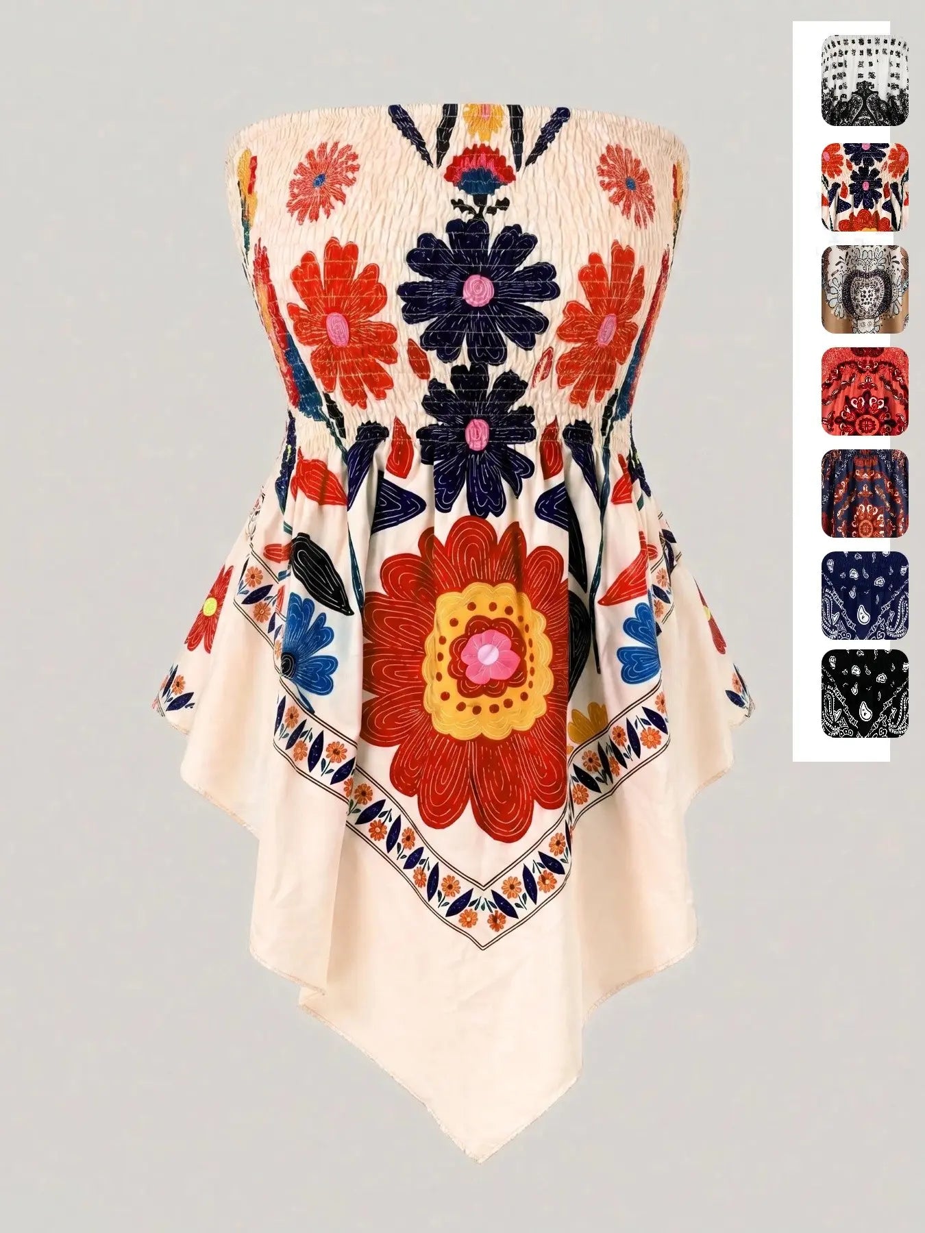 Plus Size Women's Ethnic Print Strapless Top, Bohemian Style Asymmetrical Hem Tube Top, Casual Summer Fashion Top Fit