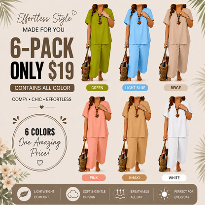 Women’s Casual Solid Short Sleeve Top & Wide Leg Pants 2-Piece Lounge Set