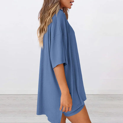 Crewneck Two-Piece Set For Women Summer Casual Oversized Split Hem Shirts & Side Pocket Biker Shorts