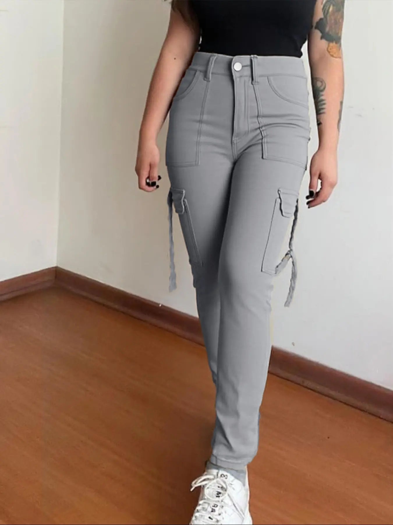 Women's Plain Multi-pocket Denim Elastic Slim Fit Button Cargo Pants