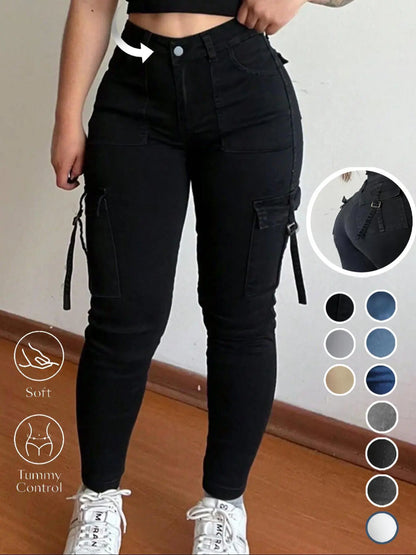 Women's Plain Multi-pocket Denim Elastic Slim Fit Button Cargo Pants