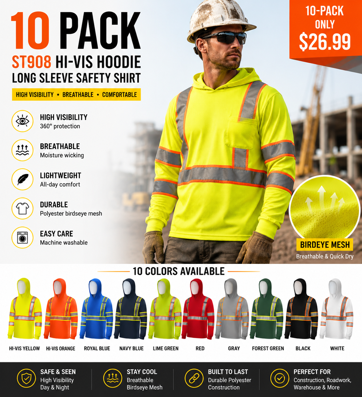 High Visibility Hoodie Long Sleeve Safety Shirt - 10 Pack