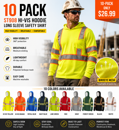 High Visibility Hoodie Long Sleeve Safety Shirt - 10 Pack