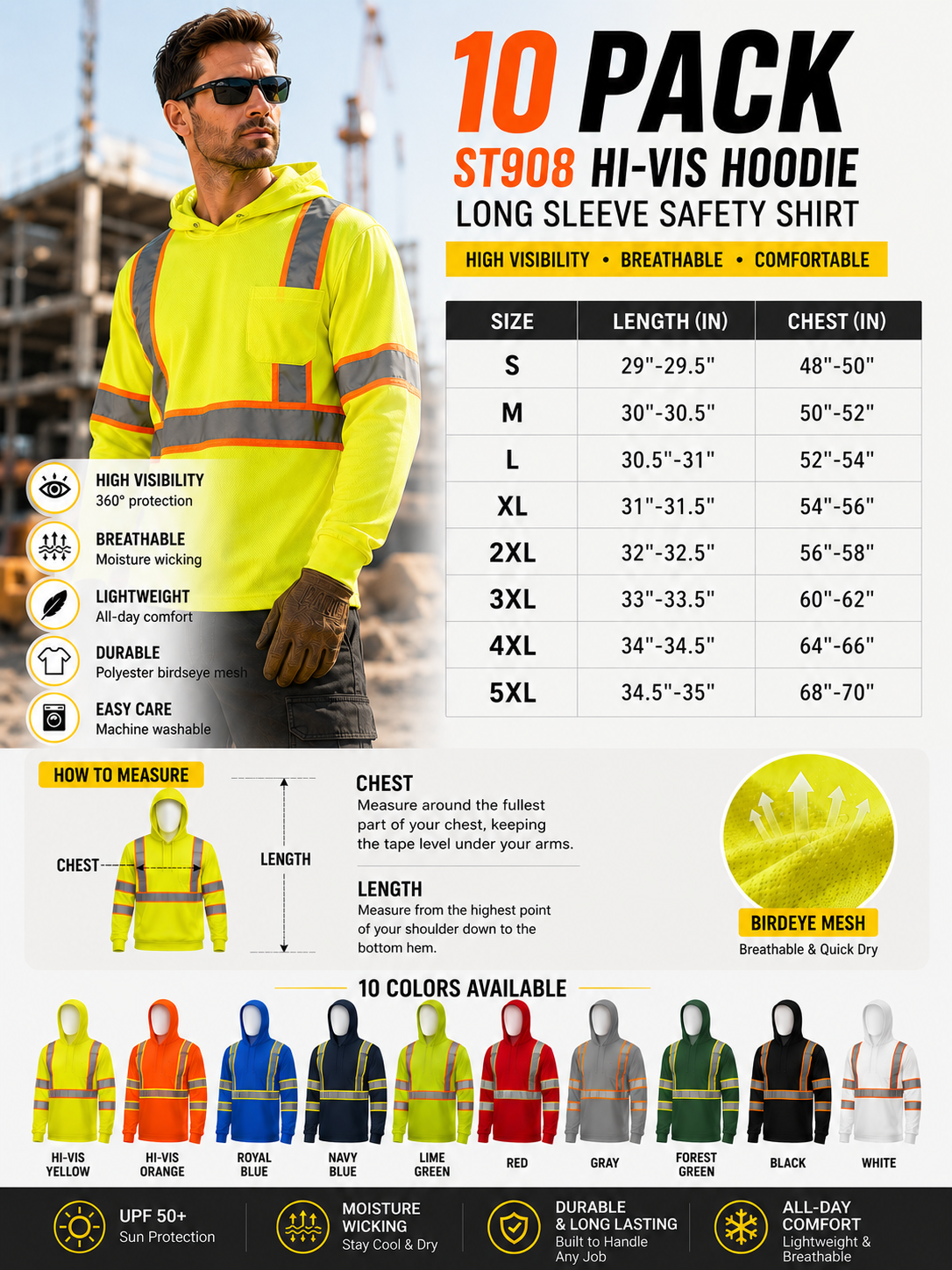 High Visibility Hoodie Long Sleeve Safety Shirt - 10 Pack