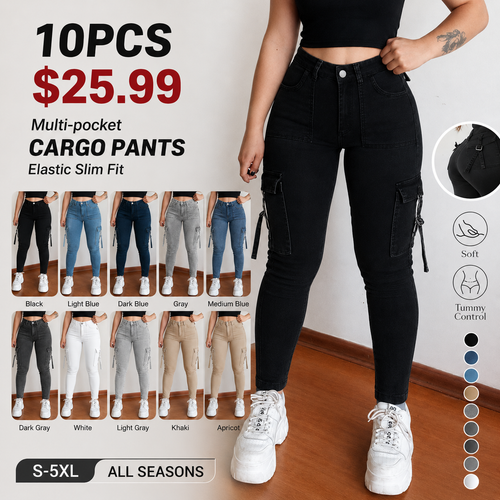 Women's Plain Multi-pocket Denim Elastic Slim Fit Button Cargo Pants