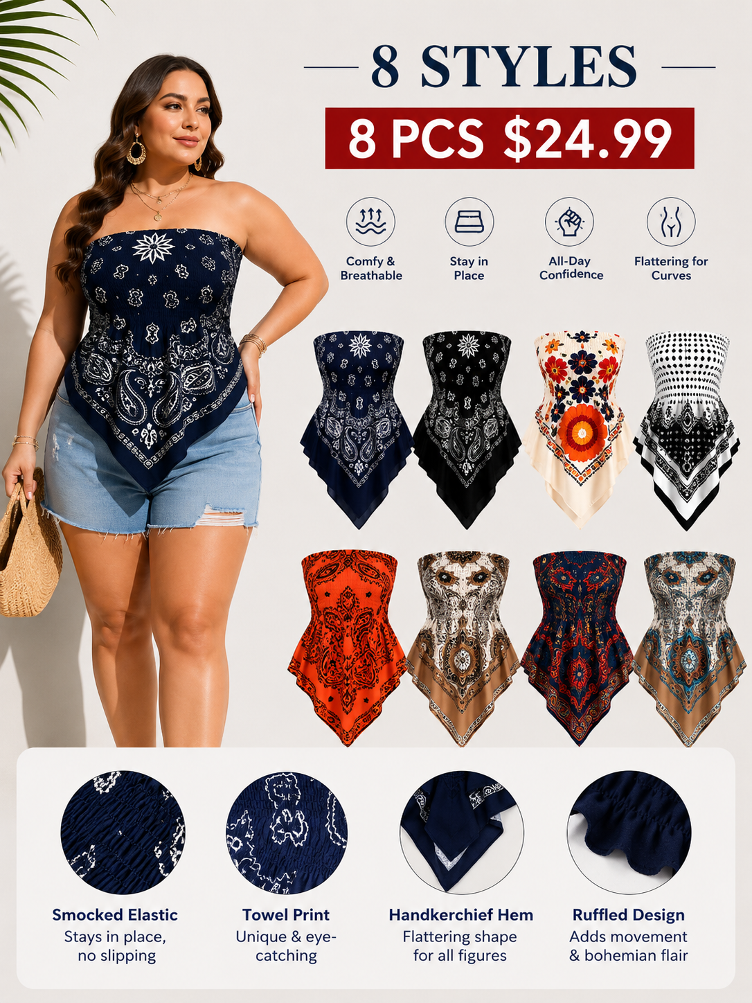 Plus Size Women's Ethnic Print Strapless Top, Bohemian Style Asymmetrical Hem Tube Top, Casual Summer Fashion Top Fit