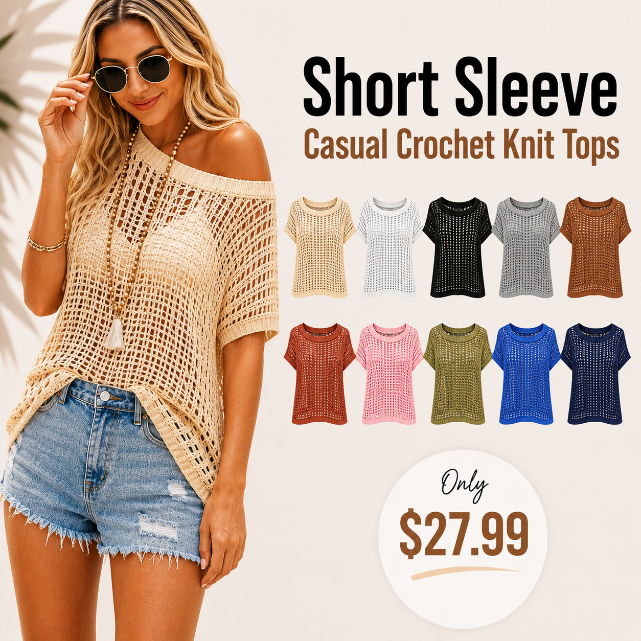 This Week's Special Price💥Short Sleeve Casual Crochet Knit Tops – Lightweight Summer Knit Crop Top