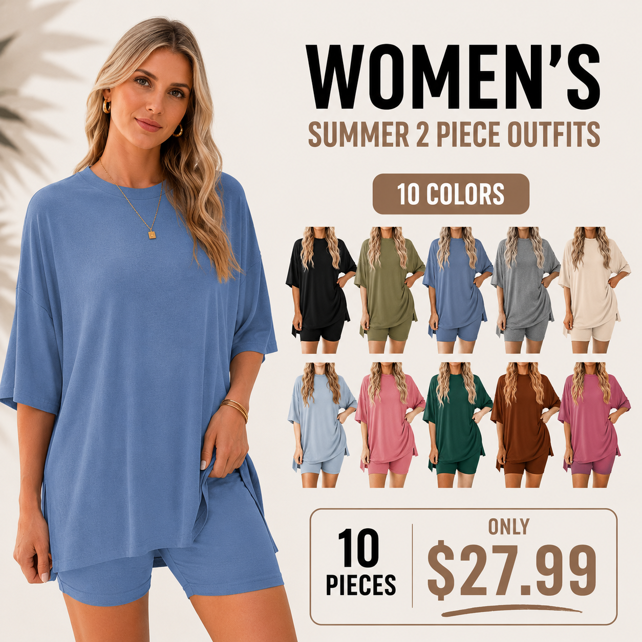 Crewneck Two-Piece Set For Women Summer Casual Oversized Split Hem Shirts & Side Pocket Biker Shorts