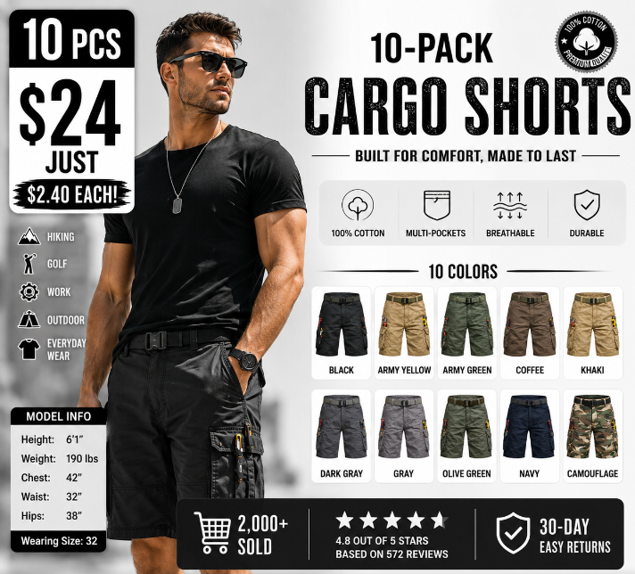 Men Multi-Pocket Tactical Cargo Shorts, Wrinkle Resistant Breathable Hiking Golf Outdoor