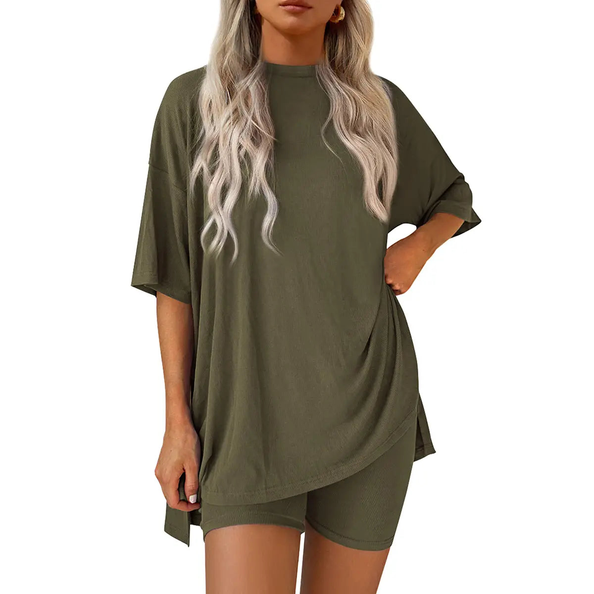 Crewneck Two-Piece Set For Women Summer Casual Oversized Split Hem Shirts & Side Pocket Biker Shorts