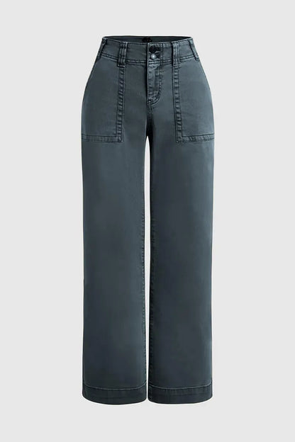 Double Button Mid Waist Straight Leg Pants