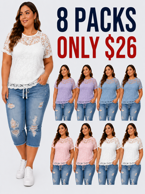 Fashion Distressed Ripped Capri Jeans Plus Size Casual High-Waisted Drawstring Waist Denim Cropped Pants + Lace cutout top