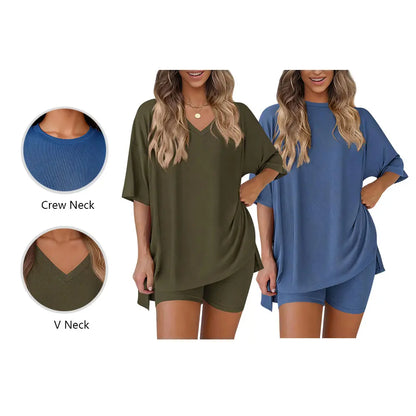 Crewneck Two-Piece Set For Women Summer Casual Oversized Split Hem Shirts & Side Pocket Biker Shorts