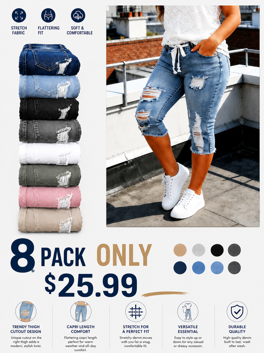 Fashion Distressed Ripped Capri Jeans Plus Size Casual High
